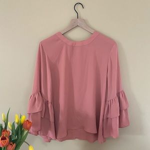 Pink Blouse Top with Bell Ruffled Sleeves